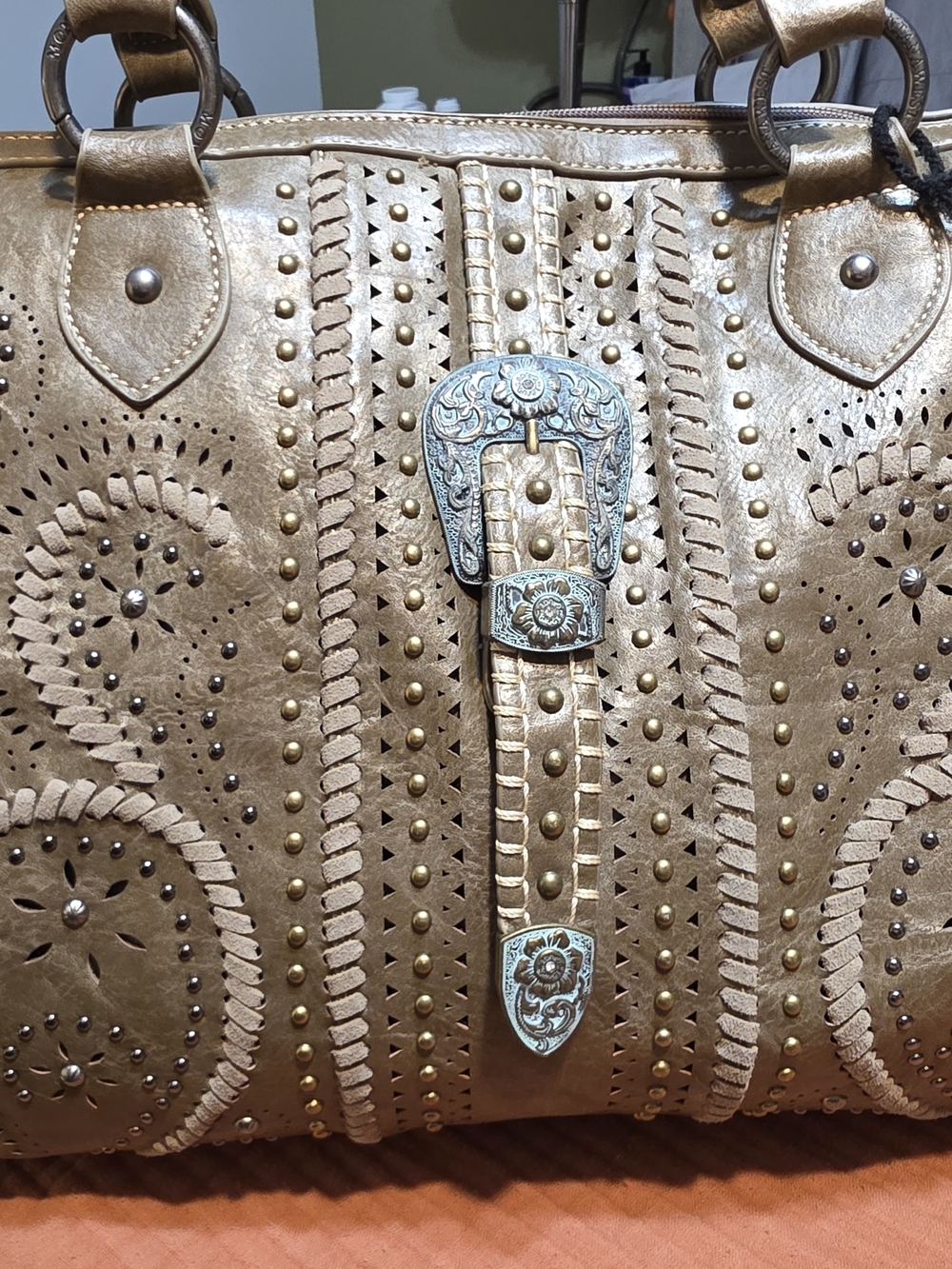 Montana West Taupe Studded Overnight Bag with Western Buckle